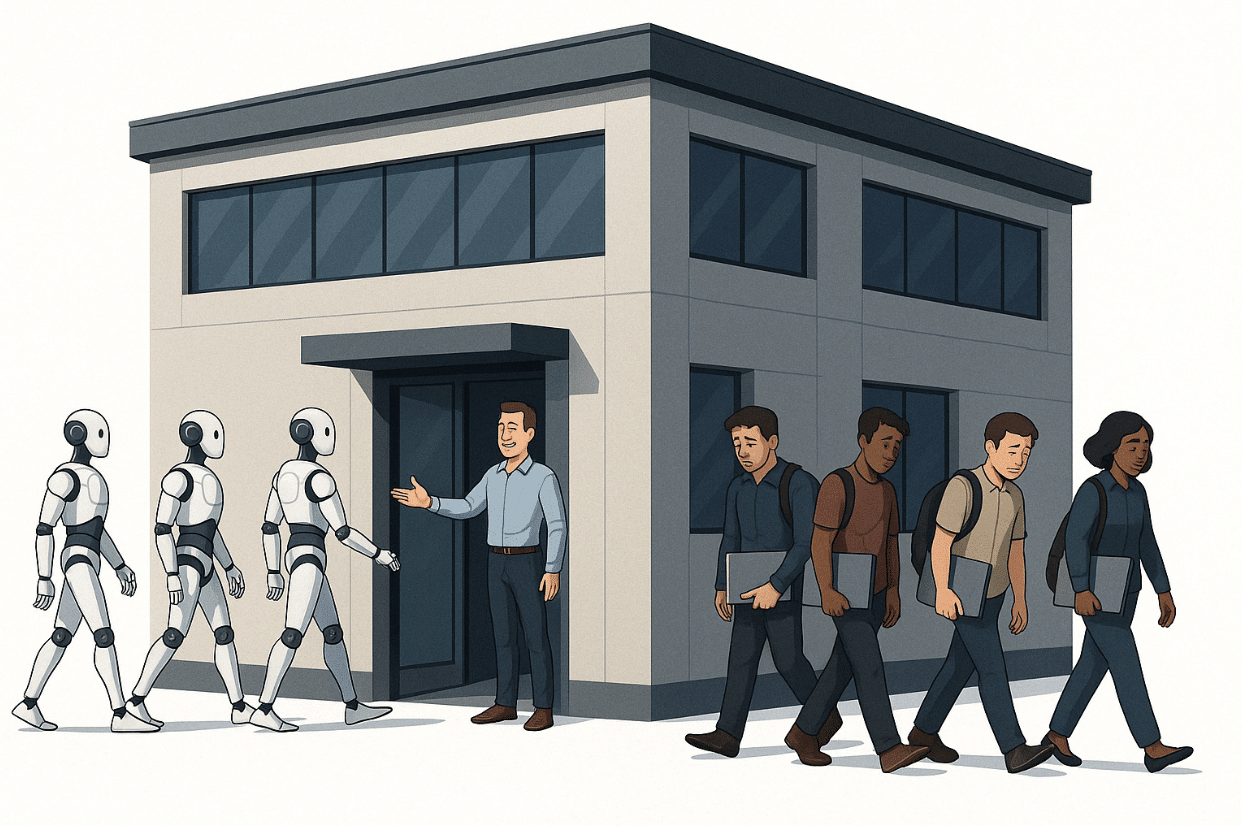 An AI-generated illustration of a modern tech company building. At the front entrance, a cheerful man in business casual attire stands, smiling warmly, and welcoming a line of humanoid robots entering the building from the left. On the opposite side of the building, a group of software developers are exiting to the right; they have sad or disappointed expressions, holding their laptops and backpacks, walking away glumly. The scene depicts a possible future where human developers are replaced by AI agents.